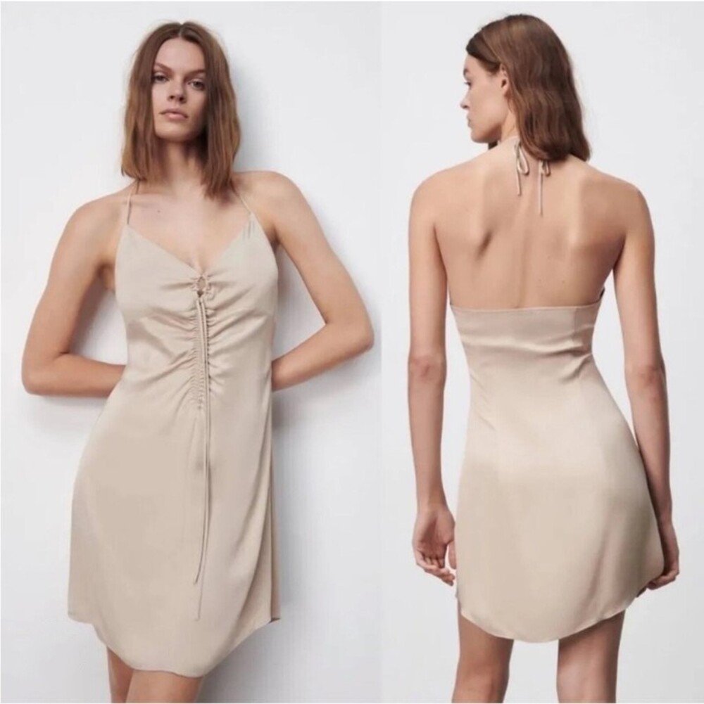 Zara Satin Effect Halter Mini Dress Beige Size Medium